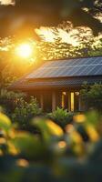 Solar panels generating clean energy on a rooftop at sunset photo