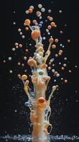 Colorful paint splashing and making bubbles on black background photo