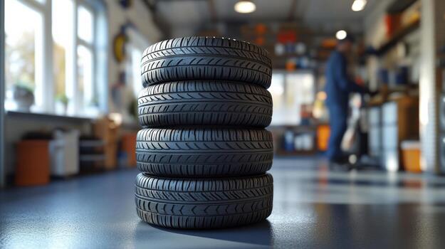 Stack of winter tires standing in a garage with mechanic working photo