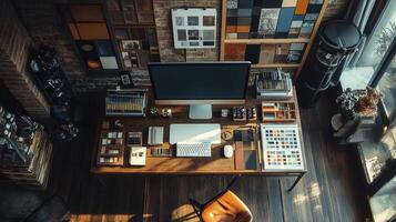 Designer workspace with computer and color swatches from above photo