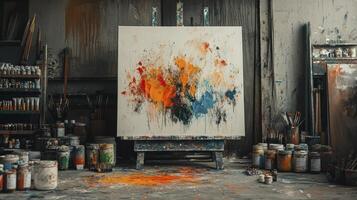 Abstract painting standing on easel surrounded by paint brushes and tubes photo