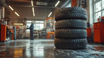Stack of winter tires sitting in auto repair shop awaiting mounting photo