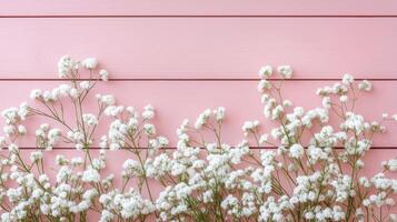 Delicate white baby's breath flowers forming a border on a pink wooden background photo