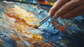 Artist holding paintbrush applying orange paint to canvas photo