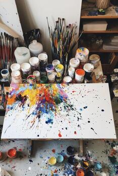 artista creando resumen vistoso salpicado pintura en Arte estudio foto