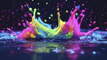 Colorful neon paint splashing on dark wet surface photo
