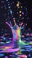 Colorful paint splashing on black surface creating abstract shape photo