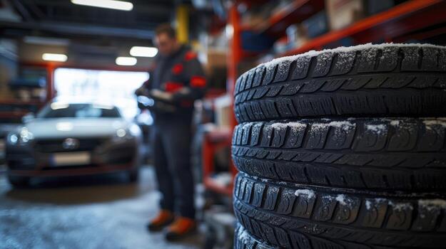 Close up on a stack of snow covered winter tires in a garage photo