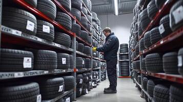 Mechanic checking tires in a tires warehouse photo