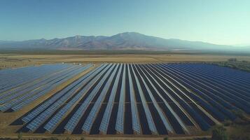 Aerial view of solar panels generating clean energy in open field photo