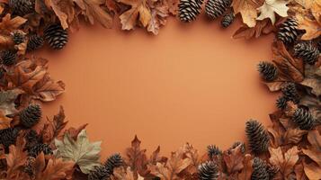 Autumnal frame of dried leaves and pine cones creating copy space photo