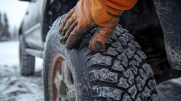 Mechanic wearing protective gloves checking winter tire of car on snowy day photo
