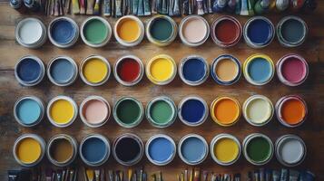 Painter organizing colorful open paint cans on wood table background photo