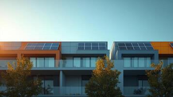 Modern apartment buildings using solar panels on the rooftop at sunset photo
