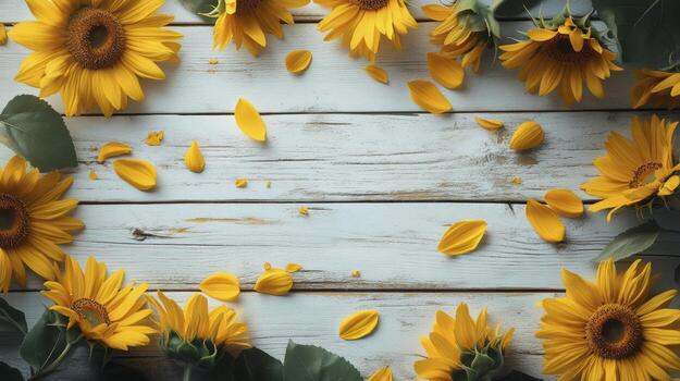 Sunflowers and petals forming a frame on a rustic white wood background photo