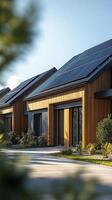 Row of modern wooden houses using solar panels for energy photo