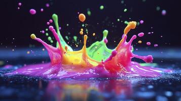 Colorful neon paint splashing on dark surface photo