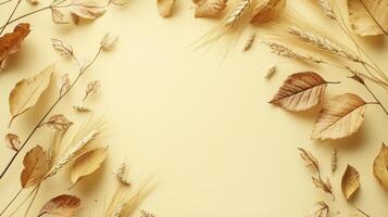 Autumn composition creating copy space on yellow background photo