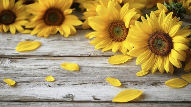 Bright yellow sunflowers resting on rustic whitewashed wood with petals scattered around photo