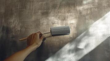 Painter applying gray paint on wall with roller photo