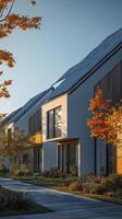 Modern residential houses with solar panels providing sustainable energy photo