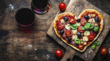 Romantic dinner for two is being prepared with a heart shaped pizza and red wine on a rustic wooden table photo