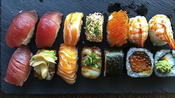 Sushi set beautifully plated on a black slate board photo