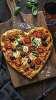 Heart shaped pizza lying on wooden board with wine glass photo