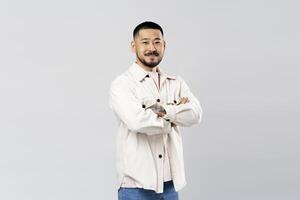 Asian man smiling with arms crossed on white background photo