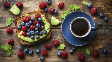 Healthy breakfast featuring toast with avocado and berries, coffee and mint photo