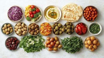 Mediterranean food day feast presenting colorful dishes on white background photo