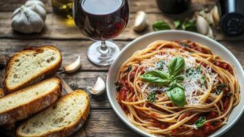 Spaghetti with tomato sauce and basil being served on a rustic wooden table photo