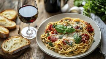 Delicious spaghetti with tomato sauce being served with red wine photo