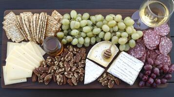 Gourmet cheese board displayed with wine and accompaniments photo