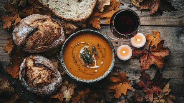Cozy autumn meal with pumpkin soup, bread, and red wine on rustic table photo