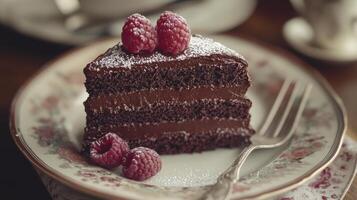 Delicious chocolate cake slice with raspberries on plate photo