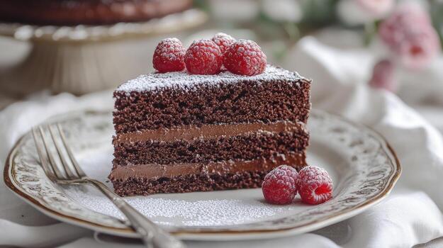 Slice of delicious chocolate cake with raspberries on plate photo