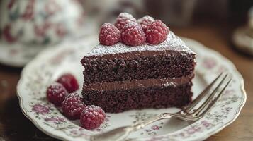 Delicious slice of chocolate cake with raspberries on a plate photo