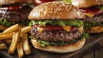 Delicious gourmet cheeseburger with lettuce and french fries on wooden board photo