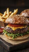 Delicious gourmet burger with beef patty, vegetables and cheese is waiting on wooden board photo