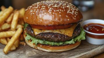 Delicious gourmet burger lying on wooden board with french fries and sauce photo