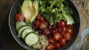Bowl filled with quinoa, tomatoes, cucumber and avocado for a nutritious meal photo