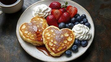 Heart shaped pancakes topped with berries and whipped cream for a romantic breakfast photo