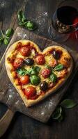Heart shaped pizza with tomatoes and basil resting on rustic wooden table photo