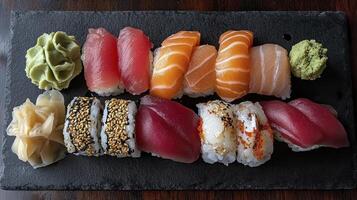 Delicious sushi platter being served for food day celebration photo