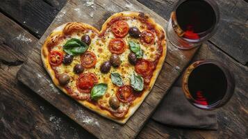 Heart shaped pizza with wine glasses on wooden table photo