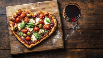Delicious heart shaped pizza with red wine on wooden table photo