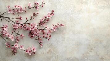 Cherry tree branch lying on textured background with copy space photo