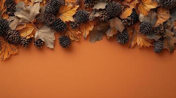 Autumn leaves and pine cones forming a border on orange background photo
