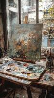 Artist palette covered with mixed paints resting on desk in art studio photo